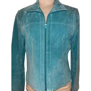 Womens Turquoise Suede Leather Jacket Size 8 Zip Front Satin Lining Western